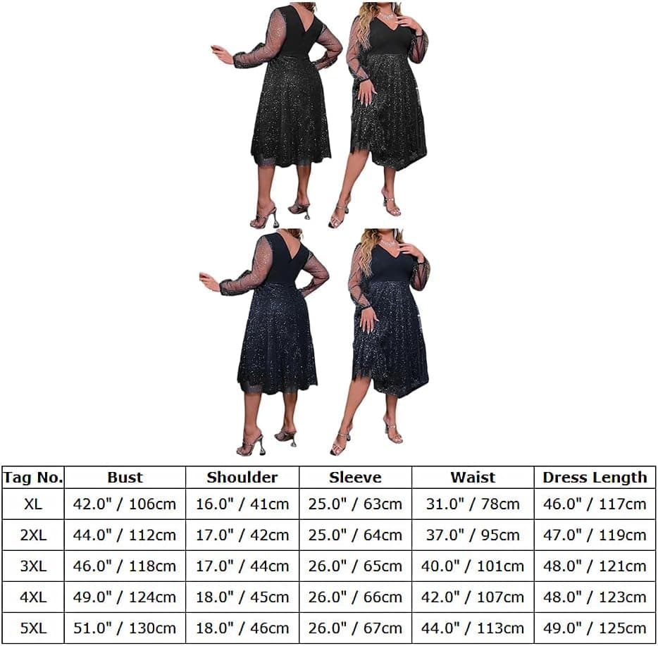 Plus Size Wedding Guest Dress for Women Long Sleeve V Neck Mesh Ruffle Party Dress Sparkle Glitter Cocktail Dress