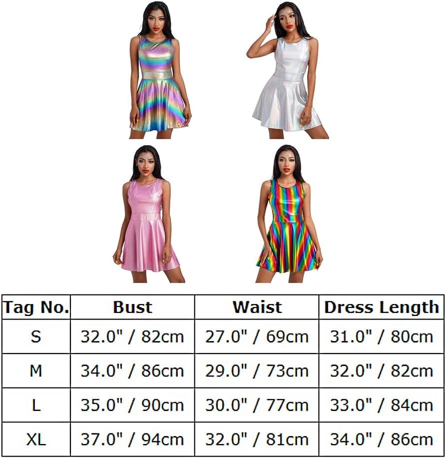 Women Girls Anime Halloween Costume Rave Outfit Metallic Mini Skater Dress Cosplay 80s Birthday Outfit
