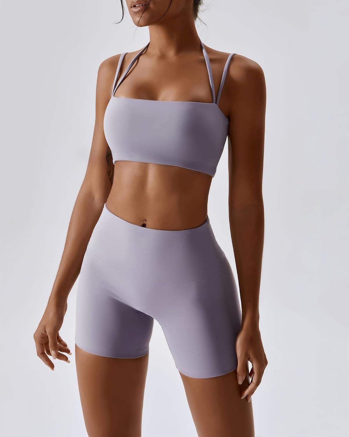 ABOCIW Workout Sets for Women 2 Piece Twist Front Halter Sports Bras High Waist Booty Shorts Exercise Gym Yoga Outfit