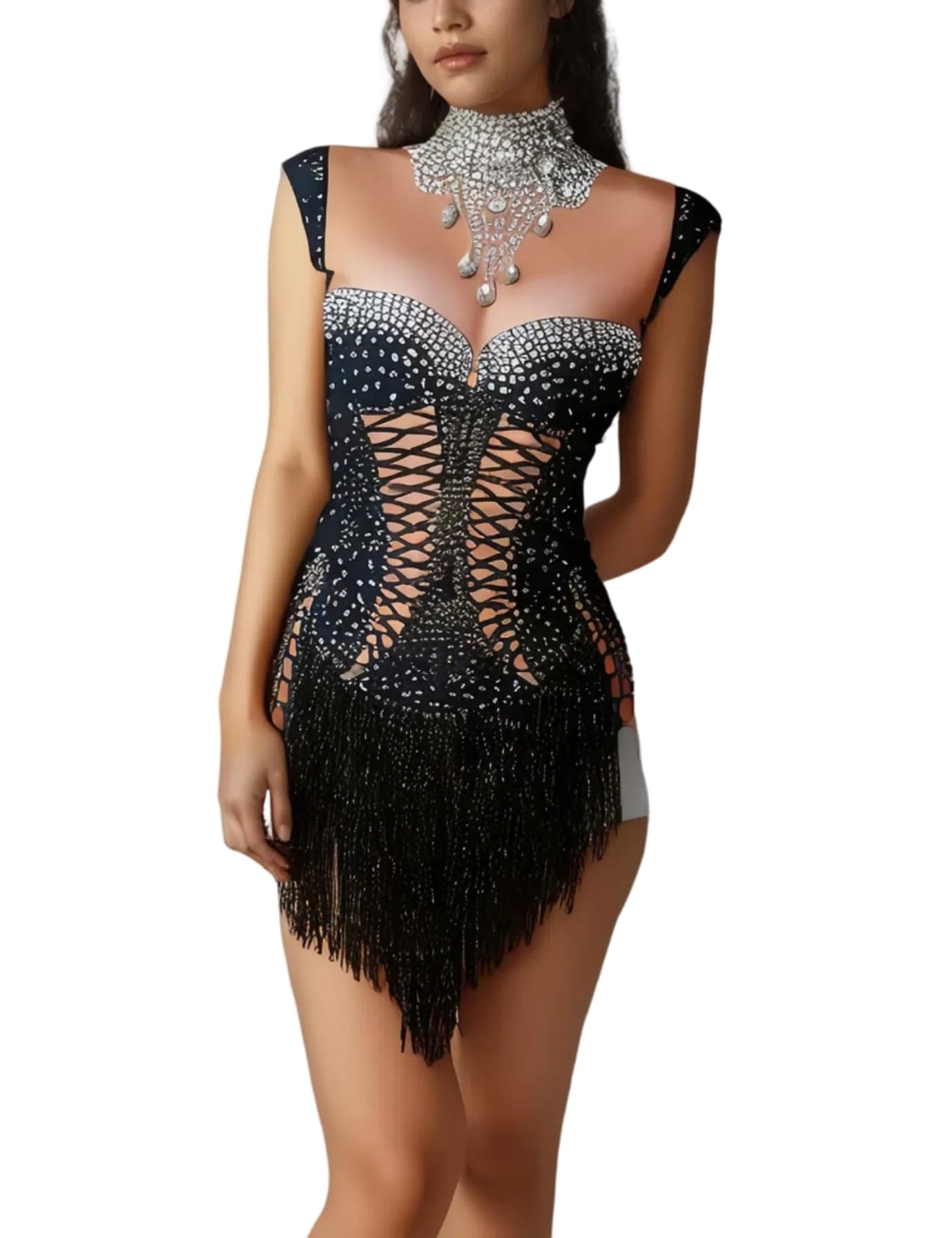 YUANTONG Sparkly Rhinestone High Neck Sleeveless Fringe Drag Queen Dance Costume