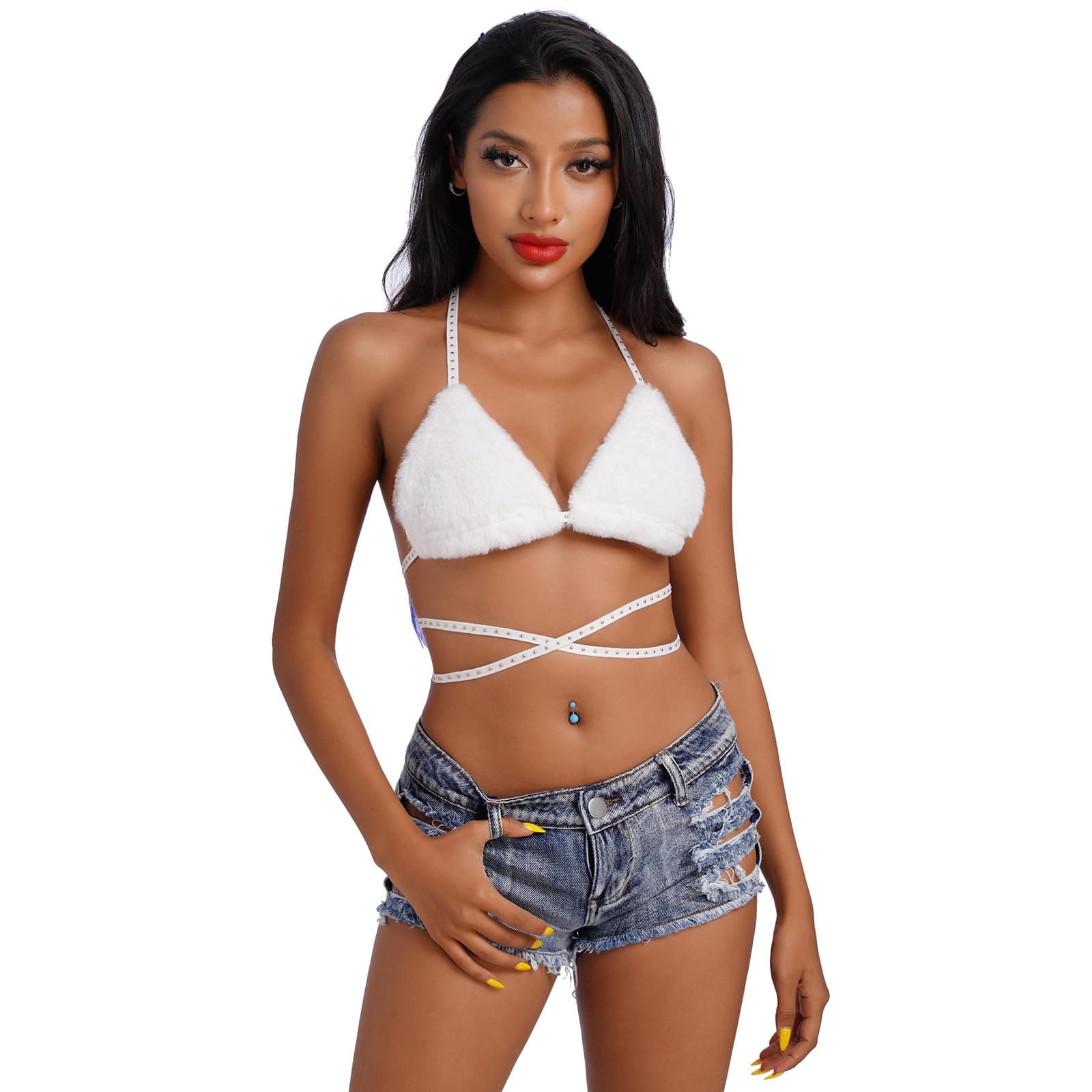 Fluffy Fur Triangle Bikini Crop Top for Women