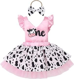Toddler Baby Girl Farm Cow 1st Birthday Outfit Cow Print Dress with Headband Cake Smash Photo Shoot Clothes Set