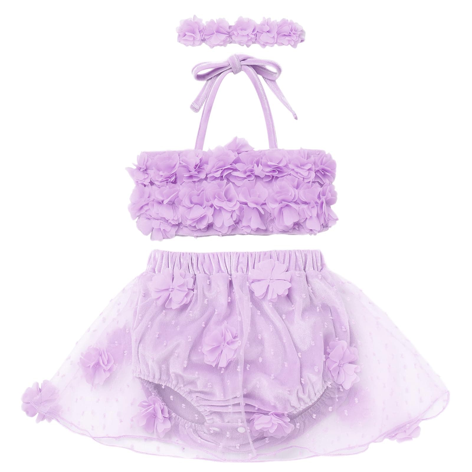 Newborn Baby Girl 1st Birthday Outfit: Boho Flower Halter Top with Tulle Bottoms