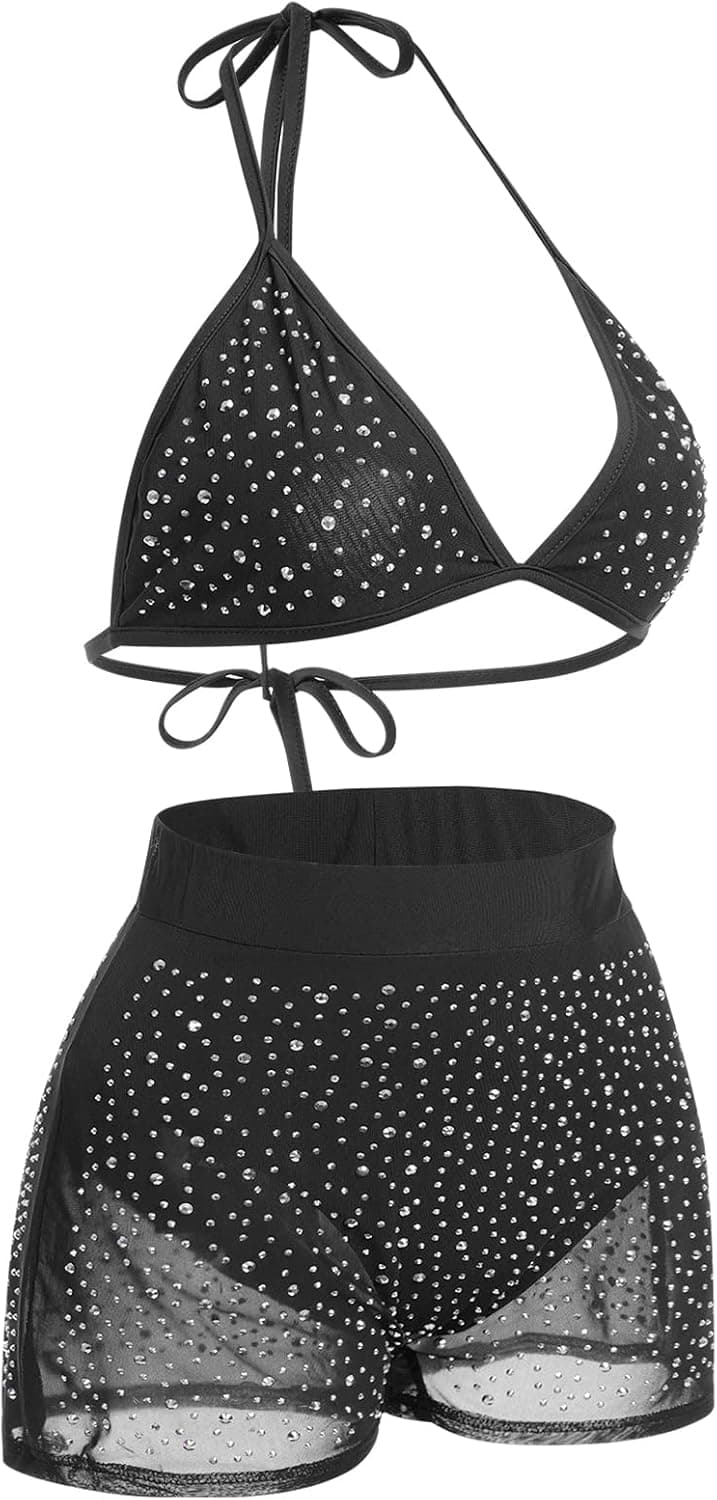 Women Sparkle Rhinestone Rave Outfits Mesh Halter Bra Top with Shorts Festivals Pole Dance Costume Summer Bikini Set