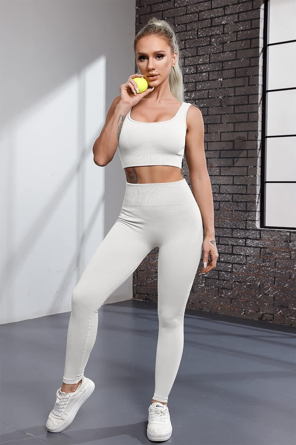Ribbed Workout Outfits for Women 2 Piece Seamless Sport Bra High Waist Yoga Leggings Sets