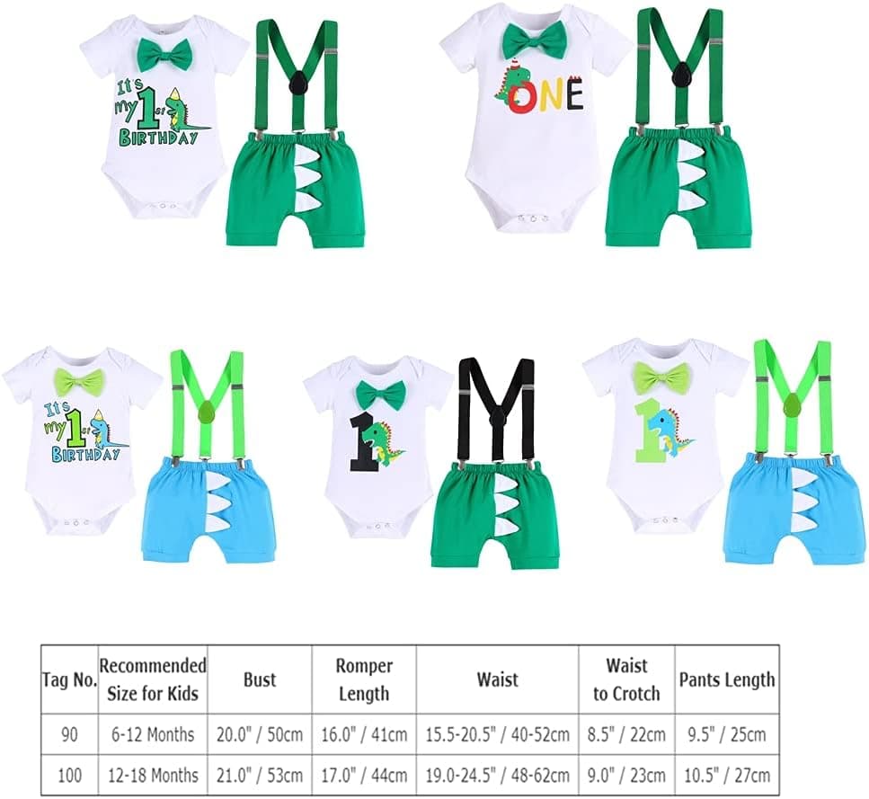 Baby Boys Dinosaur 1st Birthday Outfit Cake Smash Bowtie Romper + Shorts + Suspenders 3PCS Clothes Set for Photo Shoot