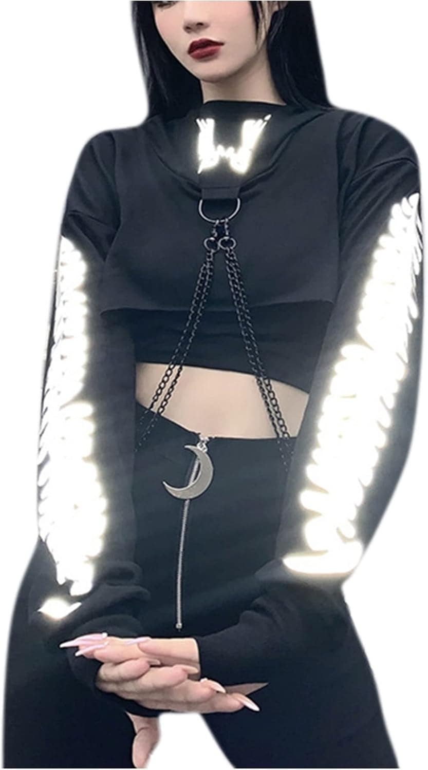 Women Sexy Off Shoulder Gothic Punk Lace Hoodie Crop Top Long Sleeve Bandage Sweatshirt for Rave Halloween Costume