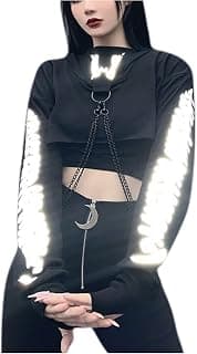 Women Sexy Off Shoulder Gothic Punk Lace Hoodie Crop Top Long Sleeve Bandage Sweatshirt for Rave Halloween Costume