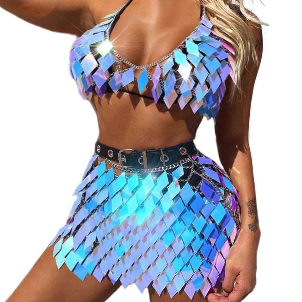 Nicute Sequin Top & Skirt Set for Women Rave Outfits