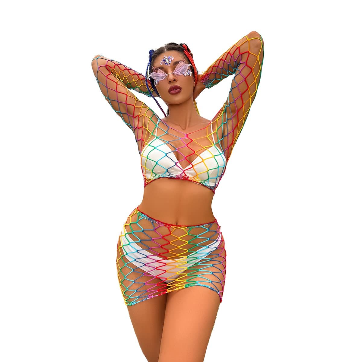 IMEKIS Women Rainbow Rave Outfit Fishnet Dress Bodysuit