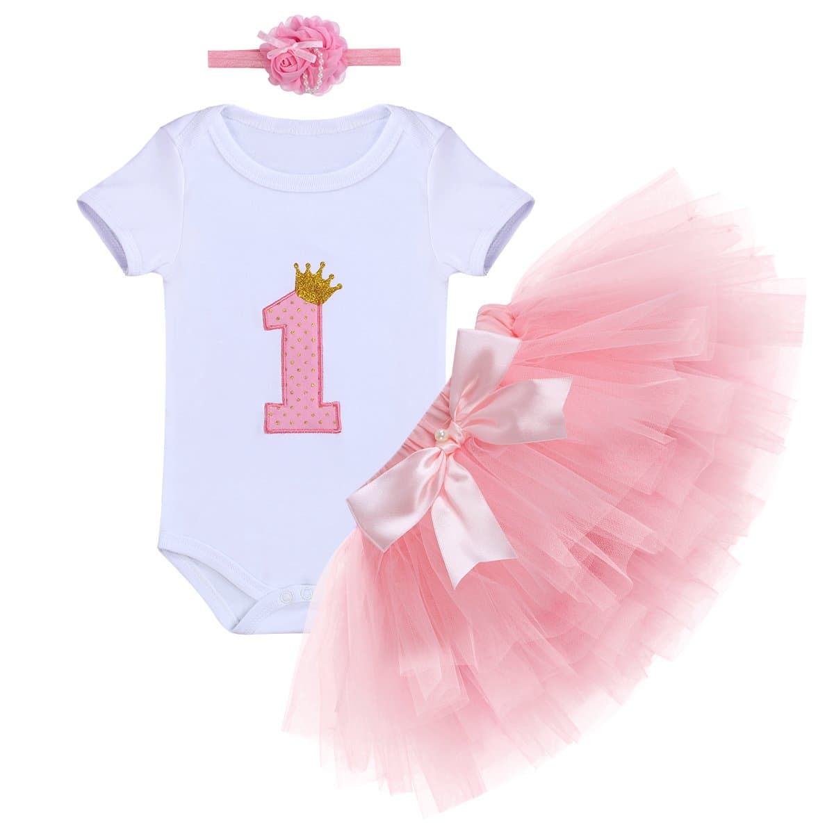 OwlFay Baby Girl 1st Birthday Crown Romper & Skirt + Bow Headband Party Dress Set