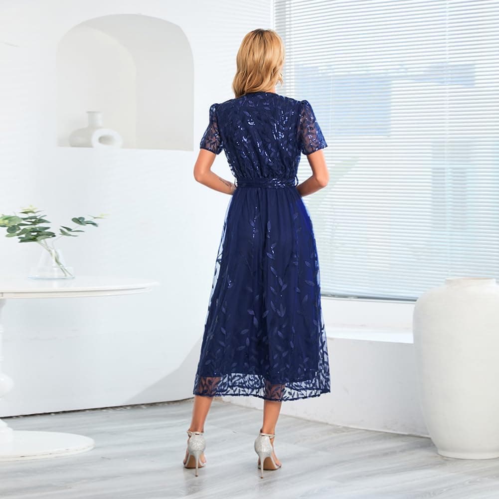 Sparkly V Neck Cocktail Wedding Guest Long Dress Mesh Short Sleeve Floral Embroidered Sequins Maxi Dress
