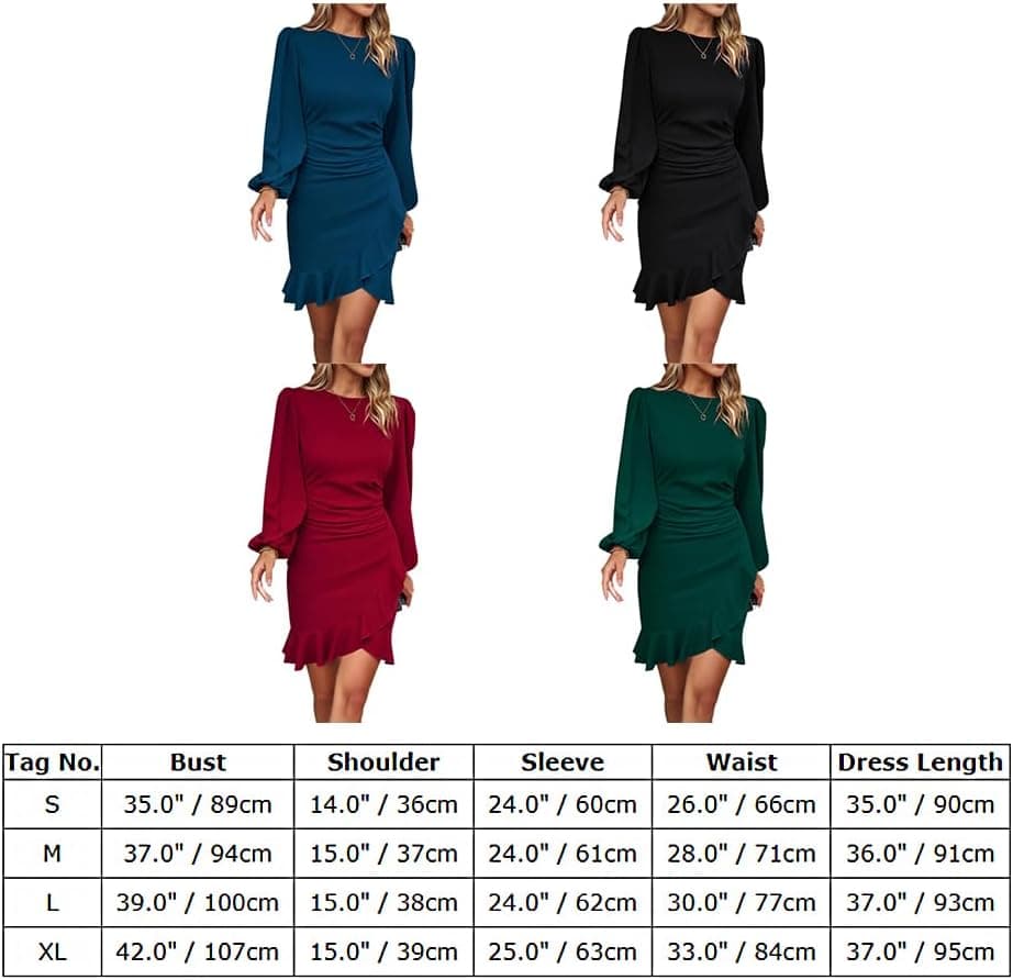 Elegant Long Puff Sleeve Slim Fit Short Dress for Women Crew Neck Ruched Ruffle Hem Bodycon Cocktail Party Dress