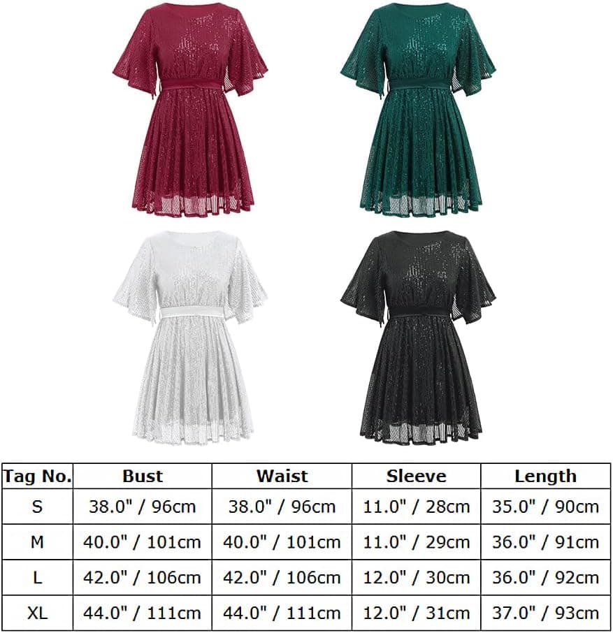 Women’s Sequin Sexy Sparkly Cocktail Dress Glitter Split Sleeve Round Neck Short Dress with Belt Formal Gown