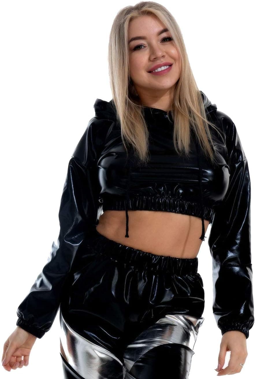 Shiny Metallic Crop Hoodies for Women, Long Sleeve Wet Look Stretchy Pullover Holographic Sweatshirts Crop Tops Club Wear