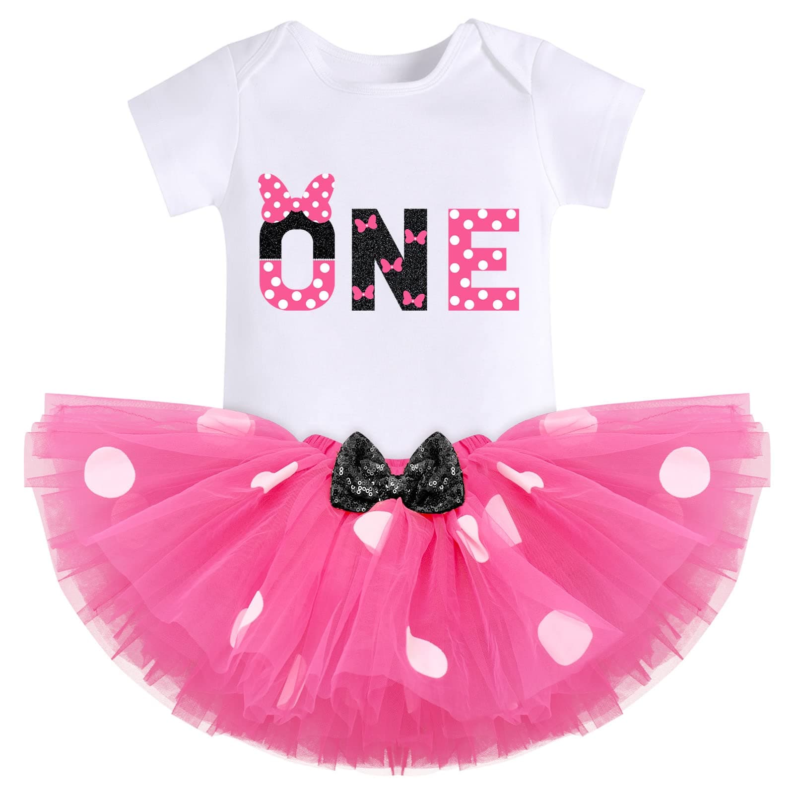 Baby Girls 1st Birthday Outfit Polka Dots ONE Romper Tutu Skirt Ears Cake Smash Costume for Photo Shoot