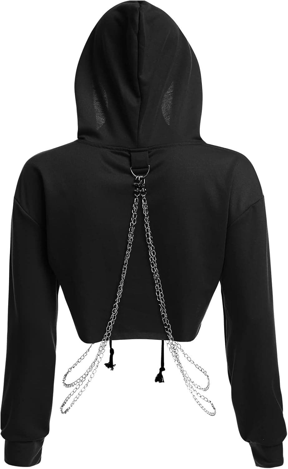 Women's Gothic Rave Crop Top Hoodie with Chains Casual Long Sleeve Hooded Pullover Workout Sweatshirt Clubwear