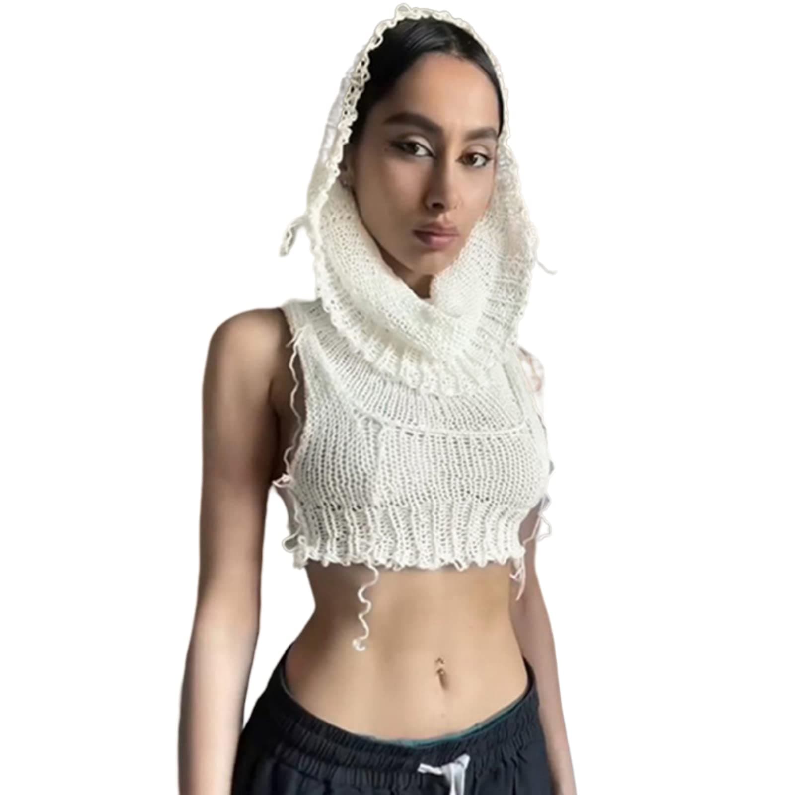 Women Knitted Sleeveless Hoodie Crop Top Streetwear Rave Outfit