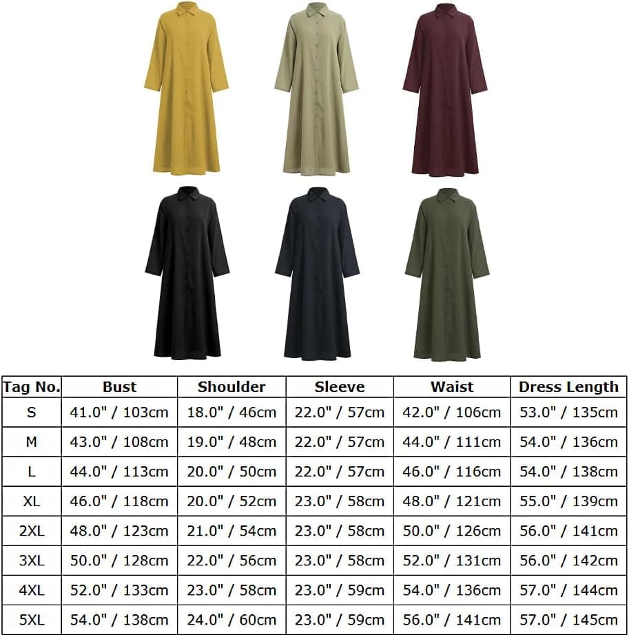 Muslim Abaya Long Sleeve Button Up Maxi Shirt Dress for Women Modest Islamic Prayer Cover Up Robe with Pockets