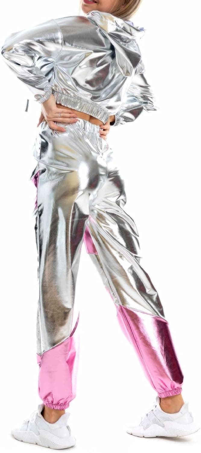 Women Shiny Holographic Rave Outfits Drawstring Long Sleeve Hoodie Crop Top Jogger Pants Set