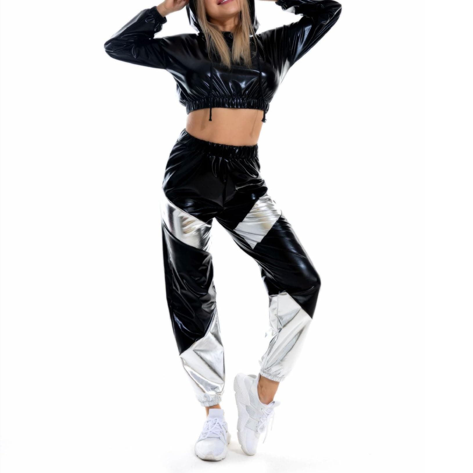 Shiny Metallic Rave Outfit for Women: Hooded Short Sweatshirt and High Waist Pants