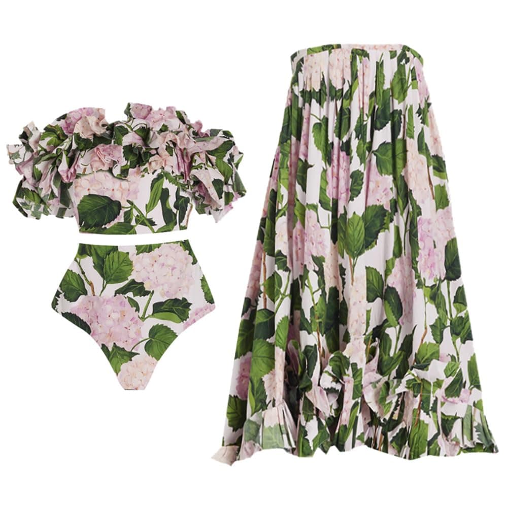 IMEKIS Floral Print Bikini Set with Skirt for Women