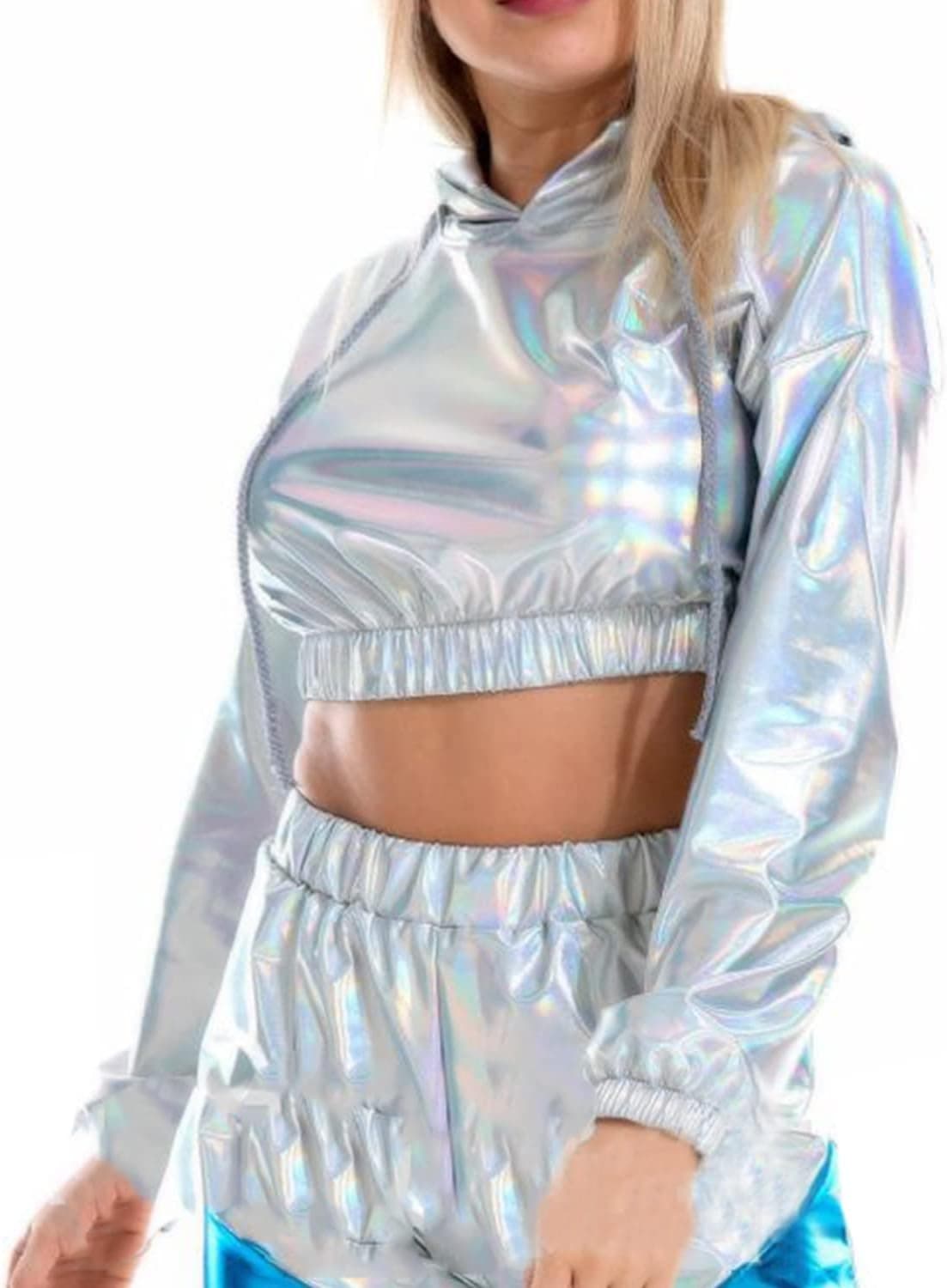 Women's Metallic Top Cropped Hoodie Rave Long Sleeve Shiny Pullover Sweatshirt