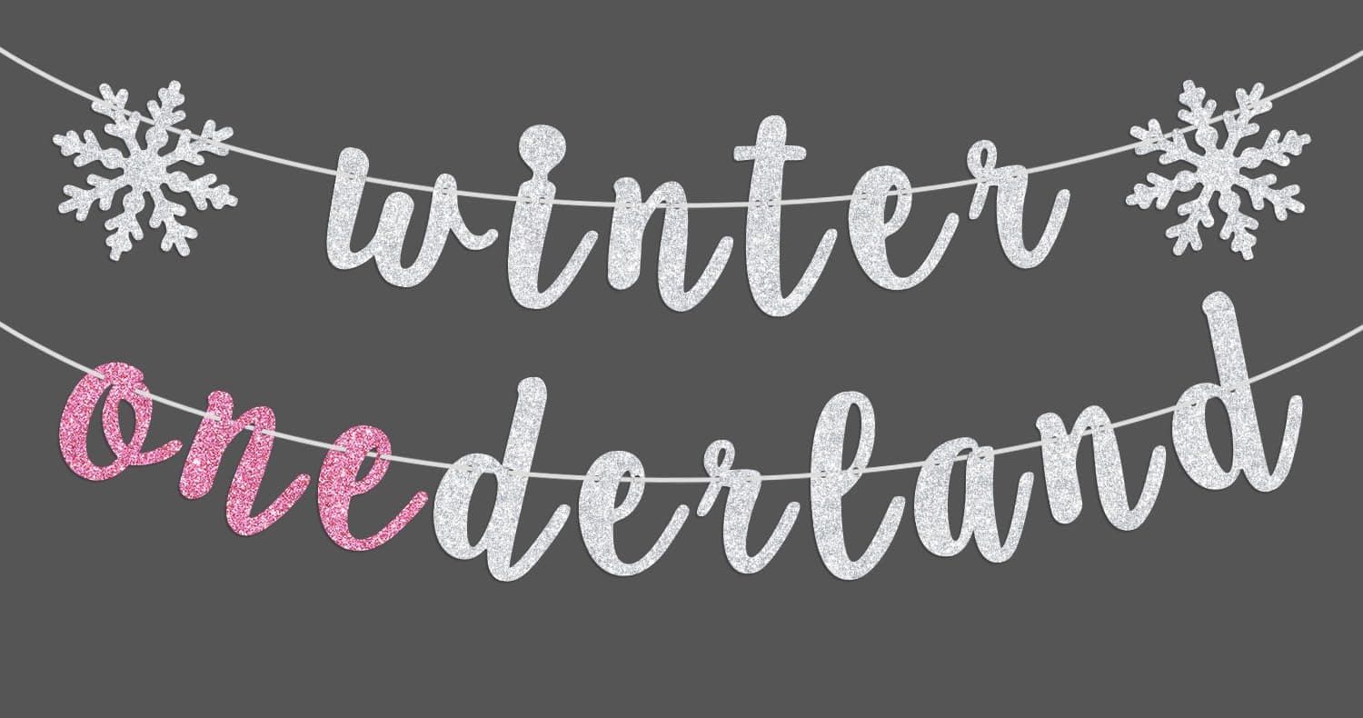 Ferburitar Snowflake Winter 1st Birthday Banner, Silver & Pink Glitter