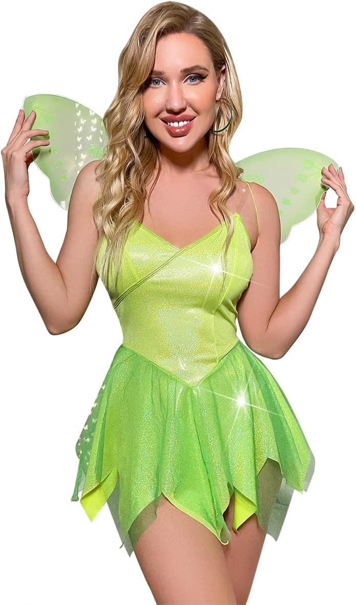 Women's Shiny Rave Outfit Halloween Costume Top Mini Skirt Wings Dress up Cosplay Music Festivals Clothes Set