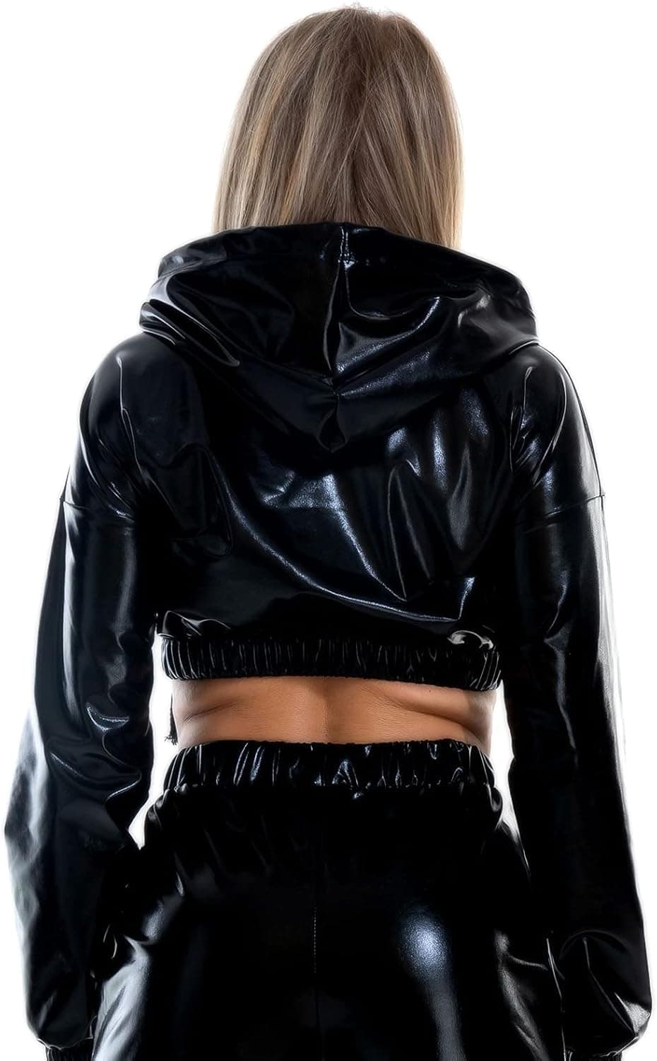 Womens Shiny Metallic Crop Top Hoodies Drawstring Long Sleeve Wet Look Pullover Holographic Sweatshirts Club Wear
