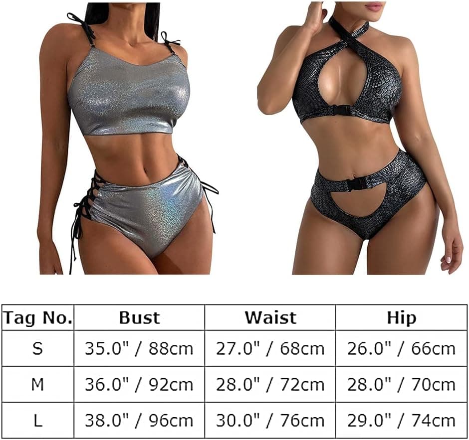 Women Metallic Rave Outfit Shiny Crop Top with Bottoms Bikini Music Festivals Halloween Cosplay Alien Costume