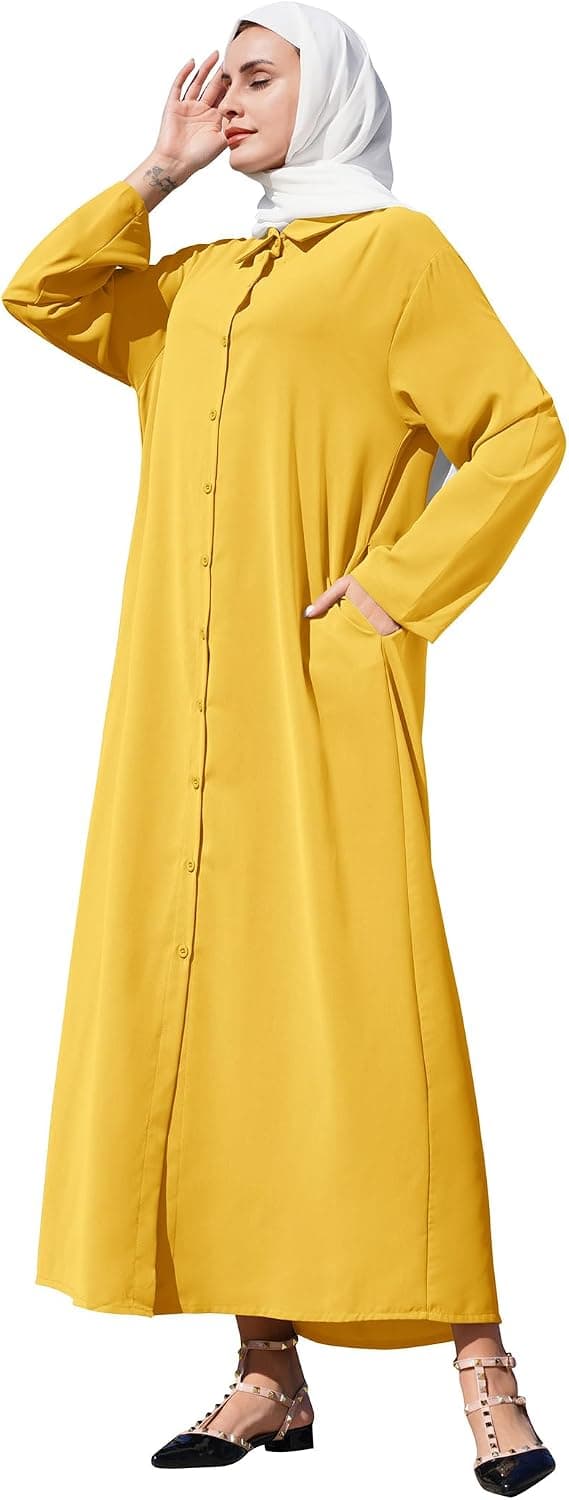 Muslim Abaya Long Sleeve Button Up Maxi Shirt Dress for Women Modest Islamic Prayer Cover Up Robe with Pockets