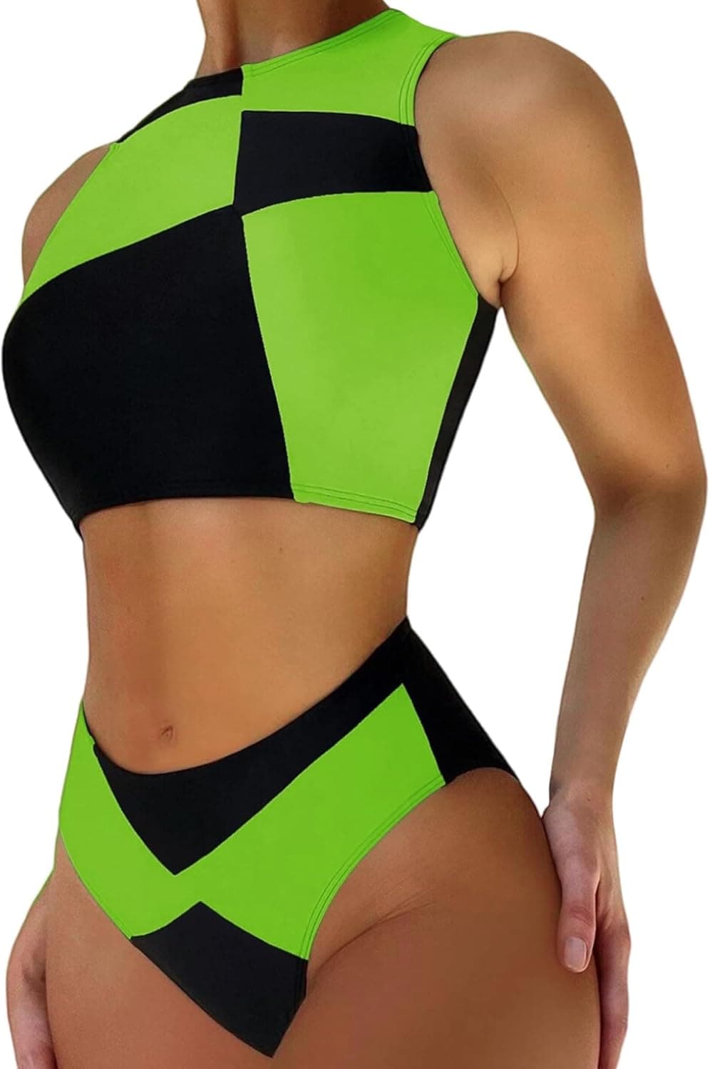Womens Colorblock Shego Costume - Rave Outfit Swimsuits High Neck Crop Top High Waisted Bottom Cosplay Bikini Sets