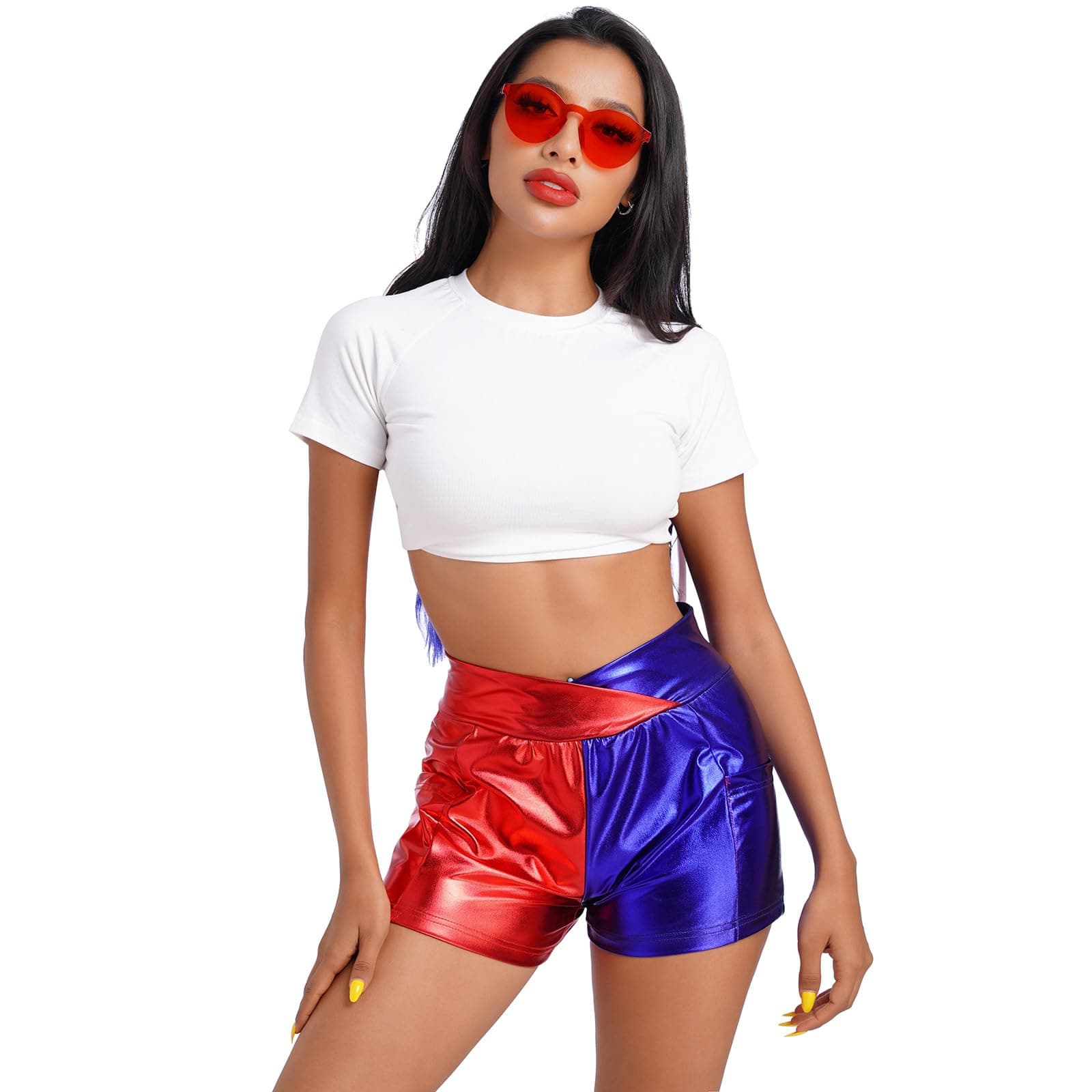 IMEKIS Women Metallic Shorts Halloween Cosplay Costume Sparkle Red and Blue Bottoms