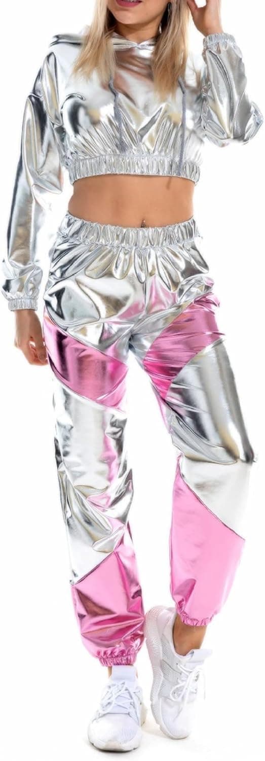 Women Shiny Holographic Rave Outfits Drawstring Long Sleeve Hoodie Crop Top Jogger Pants Set