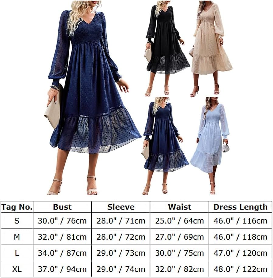 Long Sleeve V Neck Ruffle Dress for Women Boho Swiss Dot Smocked Cocktail Flowy A Line Wedding Party Dresses