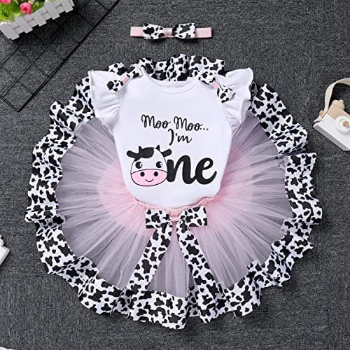 Baby Girl 1st Birthday Farm Cow Ladybug Romper Tutu Skirt Headband Cake Smash Photo Shoot Clothes