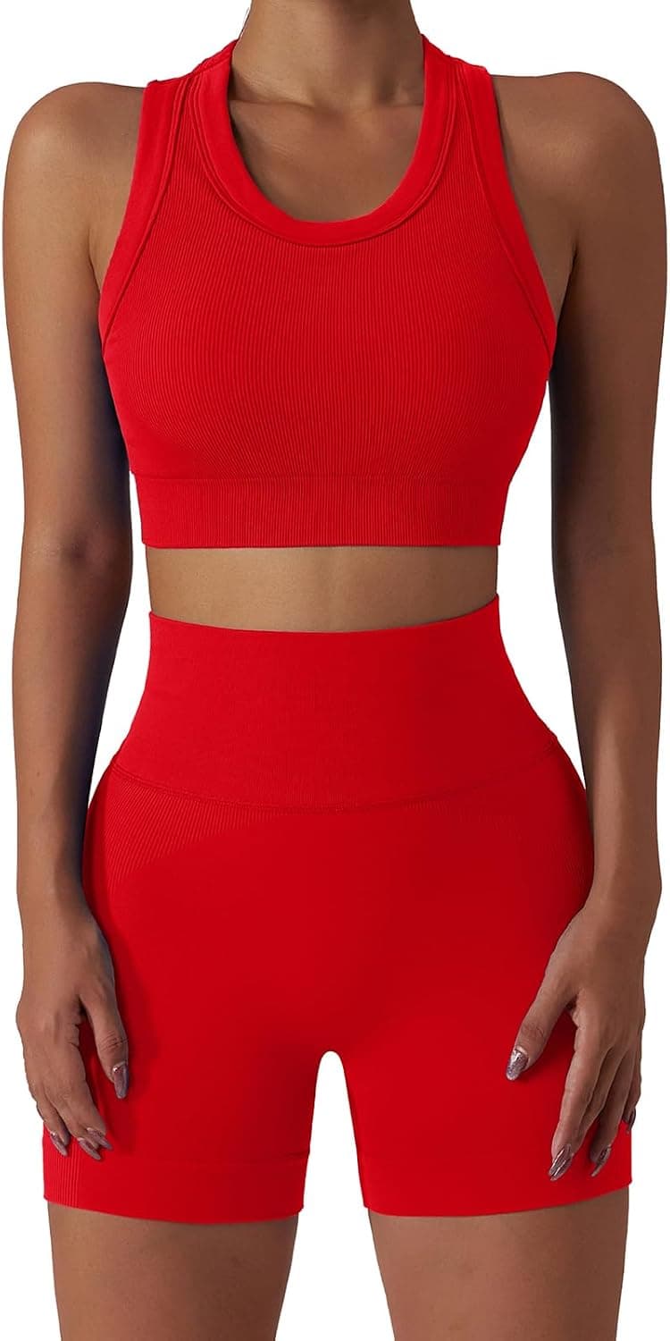 Workout Sets for Women 2 Piece Seamless Ribbed Tank Top Sport Bra High Waist Biker Shorts GYM Yoga Exercise Outfits