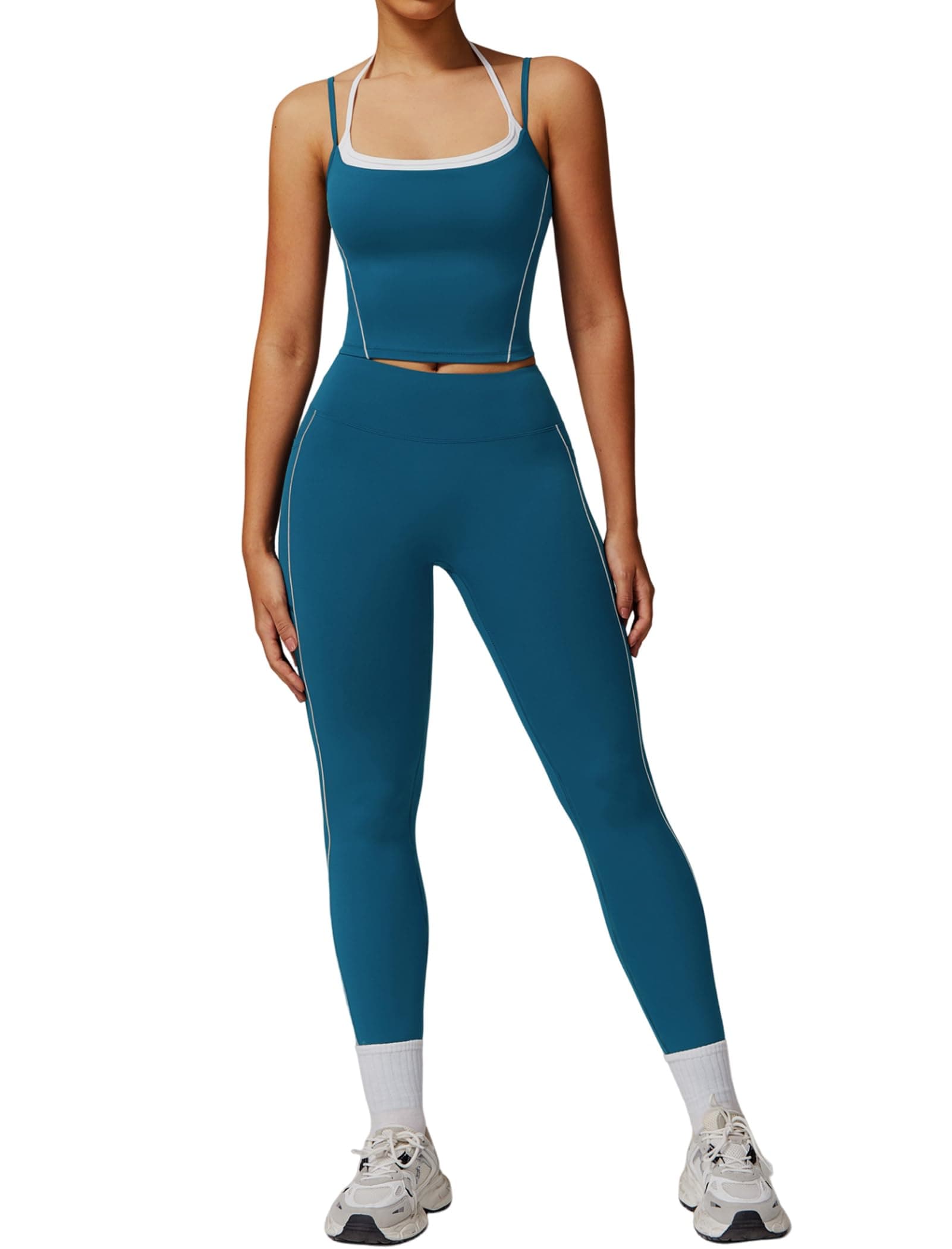 Womens Workout Set Spaghetti Straps Tank Top & High Waist Leggings with Pockets