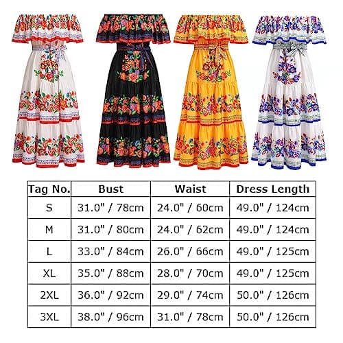 IMEKIS Women Mexican Dress Summer Floral Print Off Shoulder Maxi Gowns