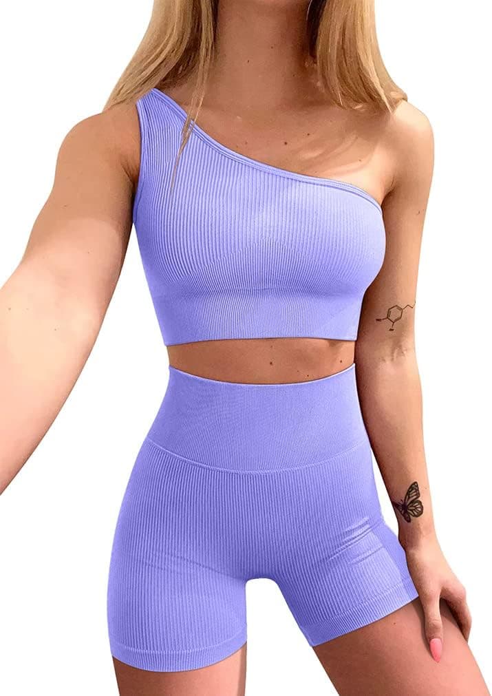 Workout Outfits for Women 2 Piece Ribbed One Shoulder High Waist Shorts With Sports Bra Exercise Set