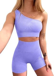 Workout Outfits for Women 2 Piece Ribbed One Shoulder High Waist Shorts With Sports Bra Exercise Set