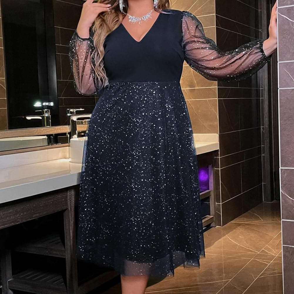 Plus Size Wedding Guest Dress for Women Long Sleeve V Neck Mesh Ruffle Party Dress Sparkle Glitter Cocktail Dress