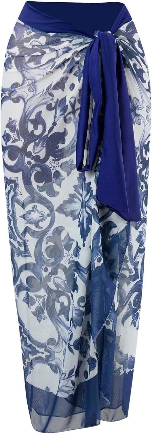 Womens Bikini Set 2 Piece Boho Vintage Print Halter Tummy Control Strappy Swimsuits with Bikini Maxi Wrap Skirt