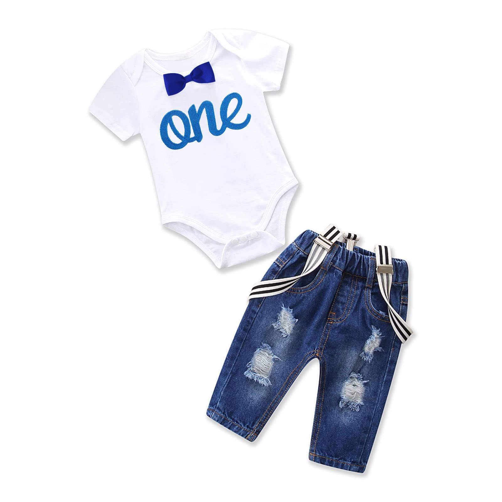 Pinleck Toddler Boy Birthday Outfit Bowtie Romper Suspender Jeans Set