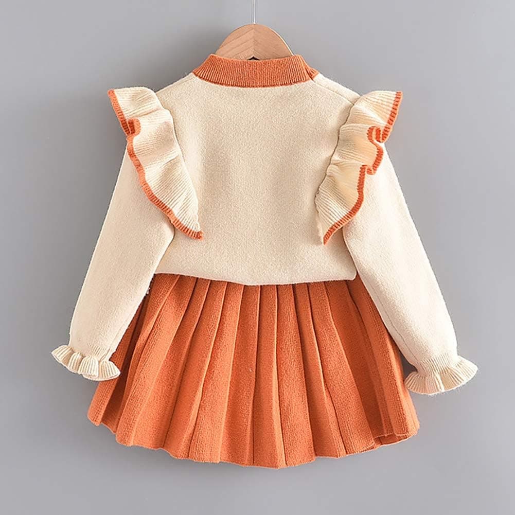 Toddler Baby Girls Outfit Knitted Buttons Sweater Tops Mini Skirt Bowknot Ruffle Long Sleeve Autumn Winter Clothes Set