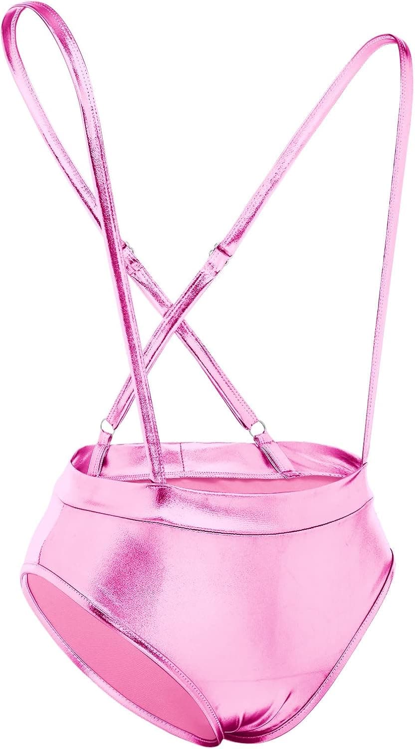 Women Shiny Metallic Bandeau Top + Suspender Hot Shorts Sexy Holographic Metallic Set Rave Outfit Sexy Bikini Clubwear