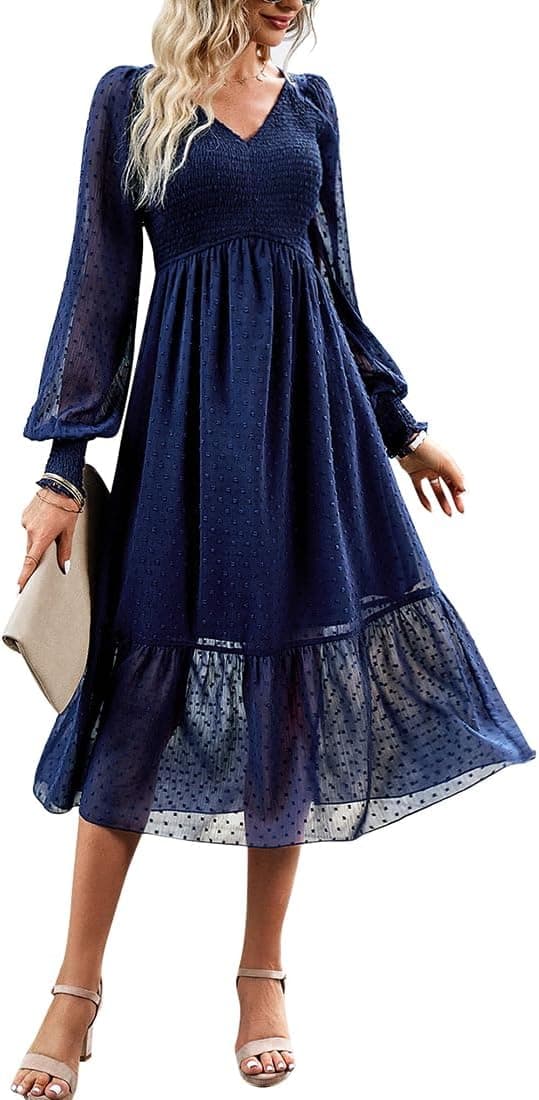 Long Sleeve V Neck Ruffle Dress for Women Boho Swiss Dot Smocked Cocktail Flowy A Line Wedding Party Dresses