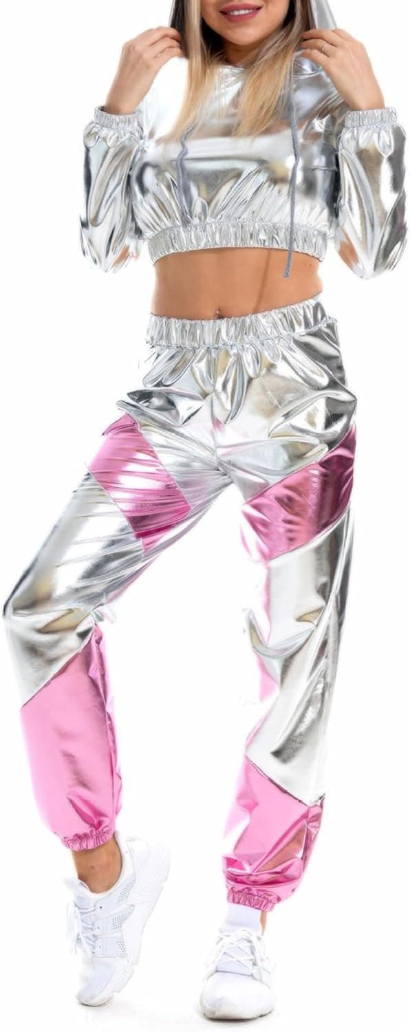 Women Shiny Holographic Rave Outfits Drawstring Long Sleeve Hoodie Crop Top Jogger Pants Set