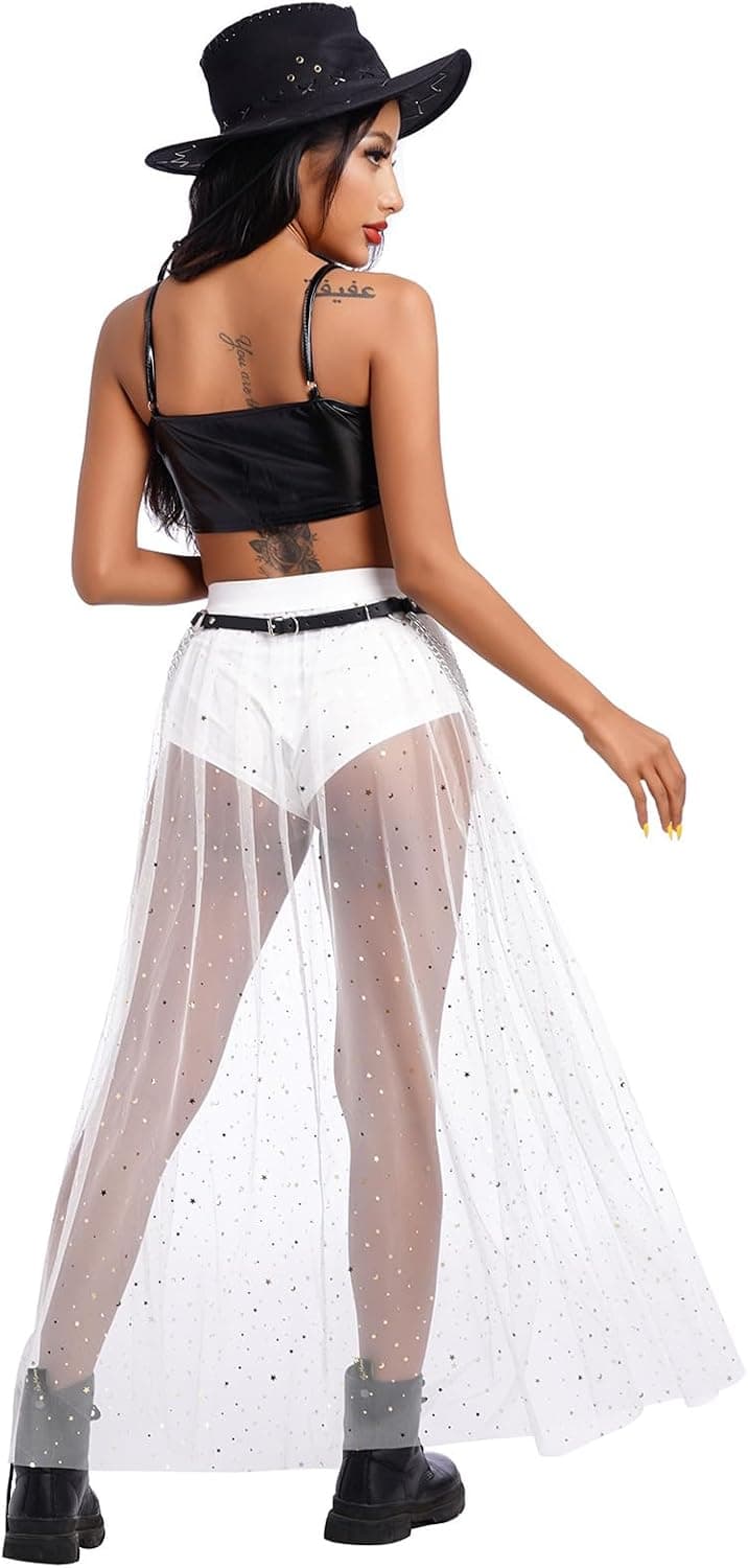 Women Shiny Stars Rave Skirt Flowy Mesh Tulle Maxi Skirts with Booty Bottoms Music Festival Clothes Halloween Costume